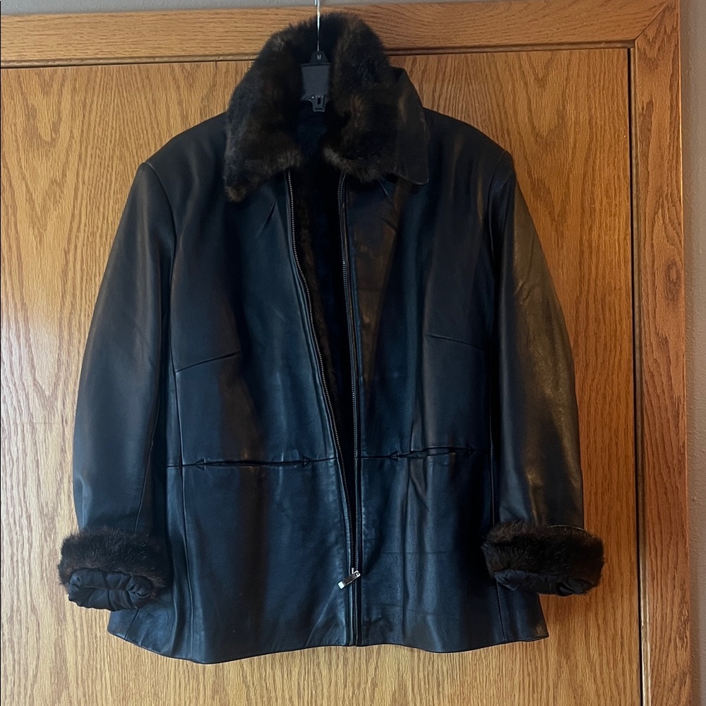 kathy ireland Black Leather Jacket with Fur Collar and Cuff Trim